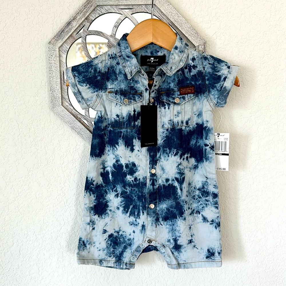 7 for All Mankind • Blue Chambray Tie Dye Button Up Collared Moto Denim Romper